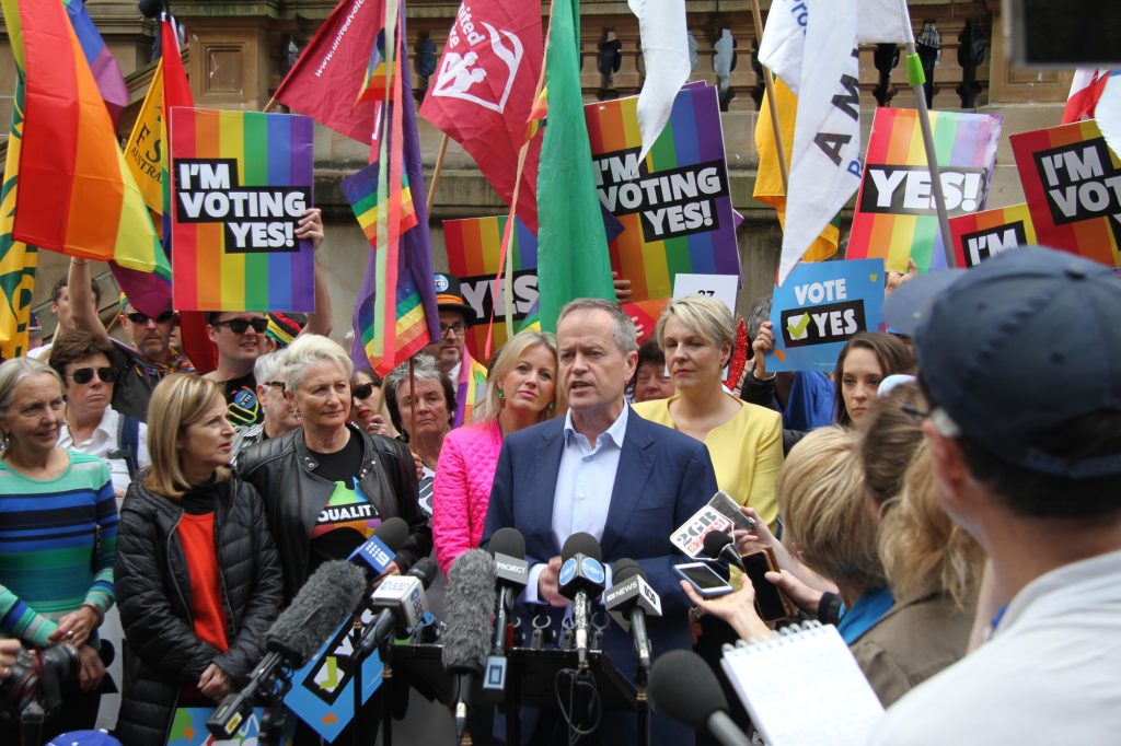 Bill Shorten speaking at the press conference next to Sydney's Town Hall