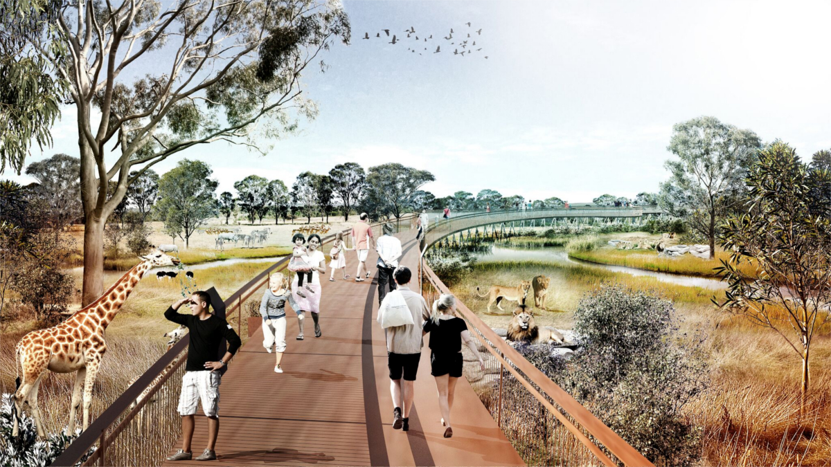 computer-generated image of an elevated walkway stretching across flat plains with giraffes, lions, zebras and antelopes in the plain