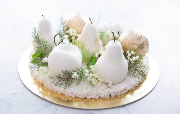 The KOI White Christmas Cake - Xmas cherry, lemon and pear fruits on top of a rice bubble base. Image: Supplied