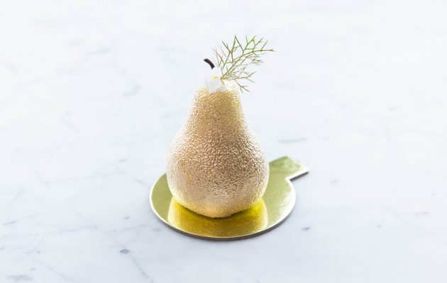 Xmas Pear - Pear cardamom mousse with almond jaconde, poached pear + caramel. Image: Supplied