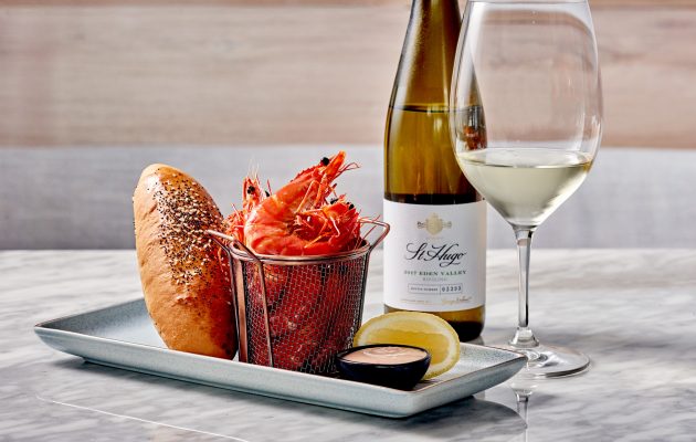 Prawns with expertly matched wine. Image: Supplied