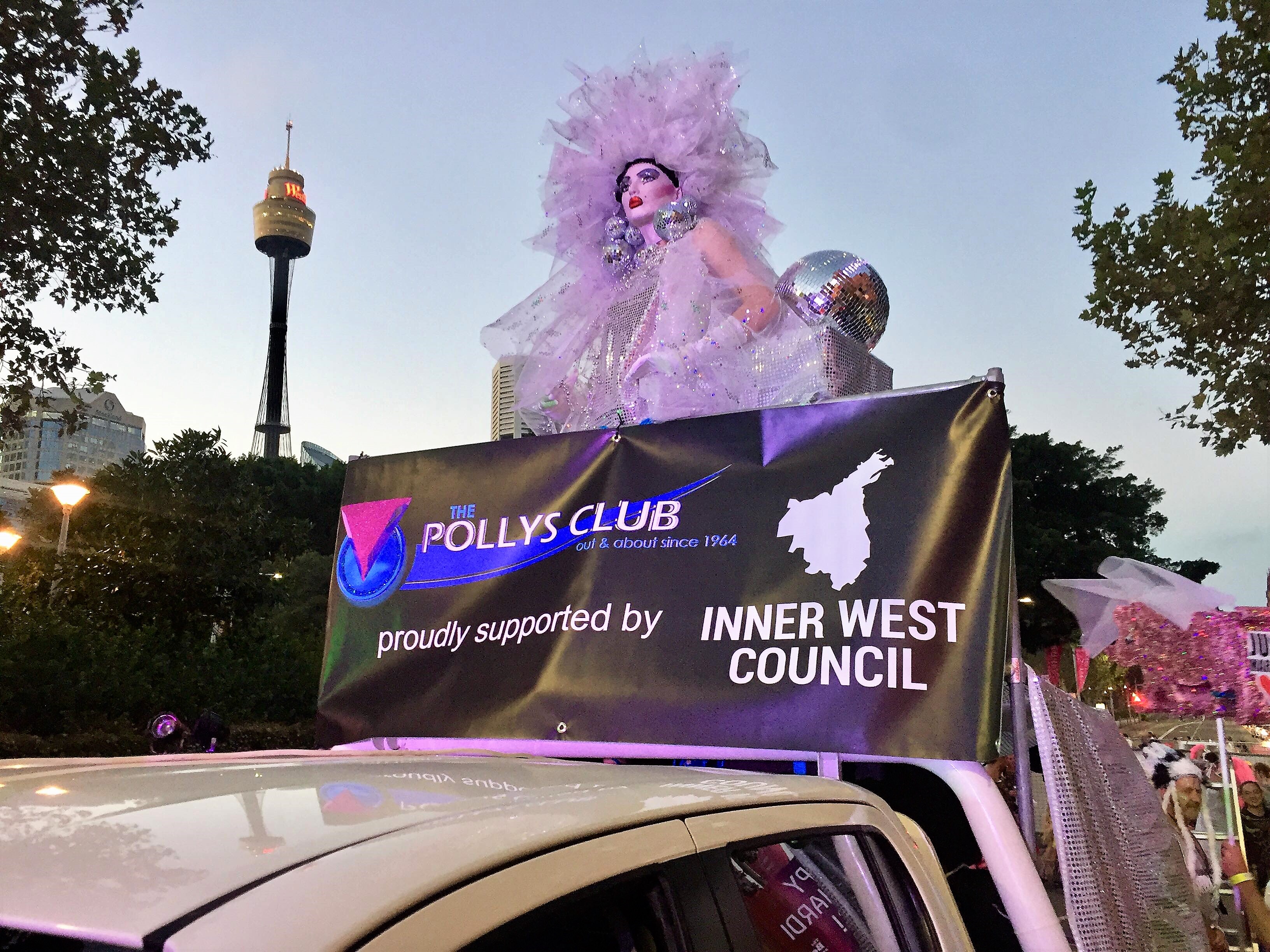 Polly Esther, The Pollys Club mascot, stands tall on the Pollys float. Image: Craige Juratowitch