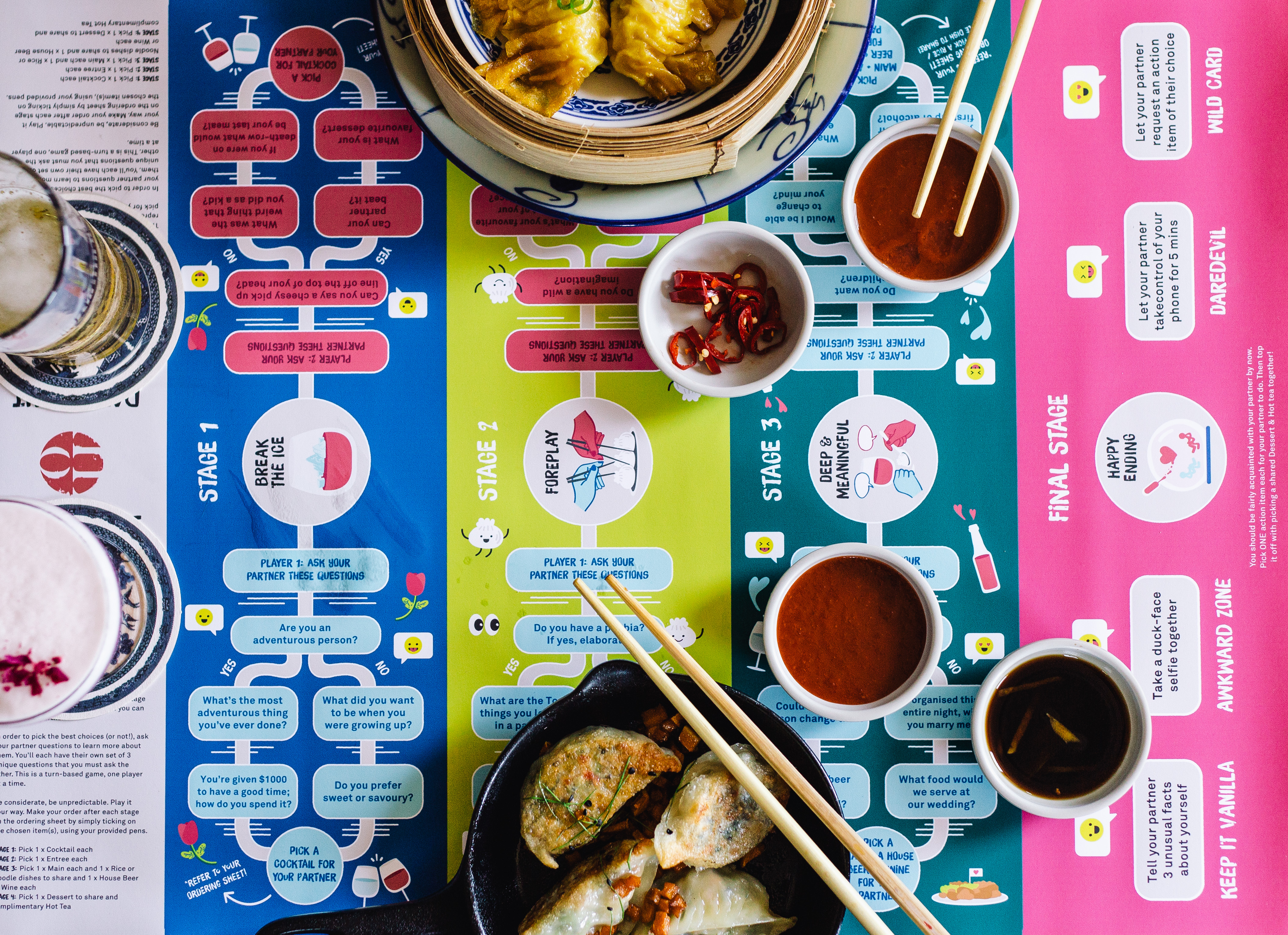 Dating boardgame with food scattered atop. Image: Supplied