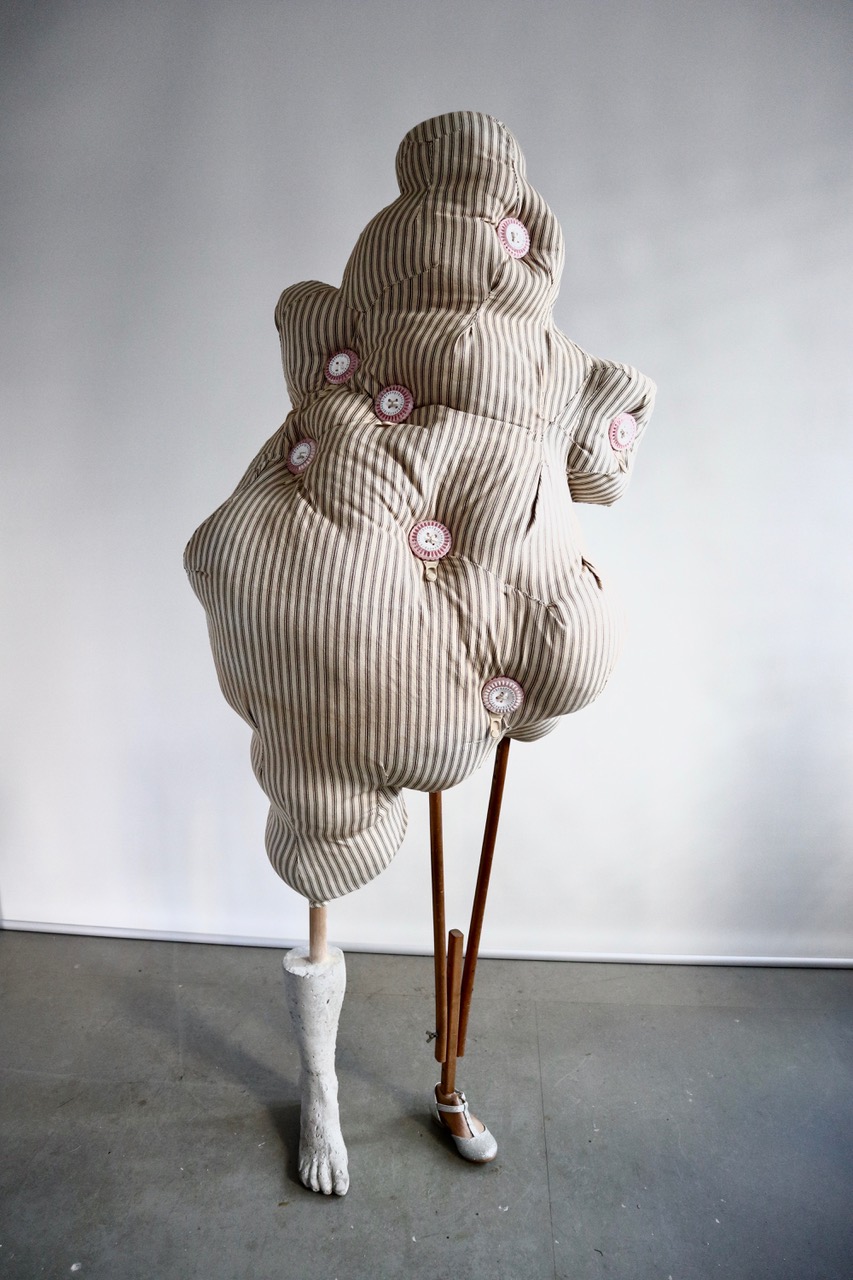 Aly Aitken, Soft and Silent Stain, 2018, concrete, timber, paint, pantyhose, found objects. Image supplied