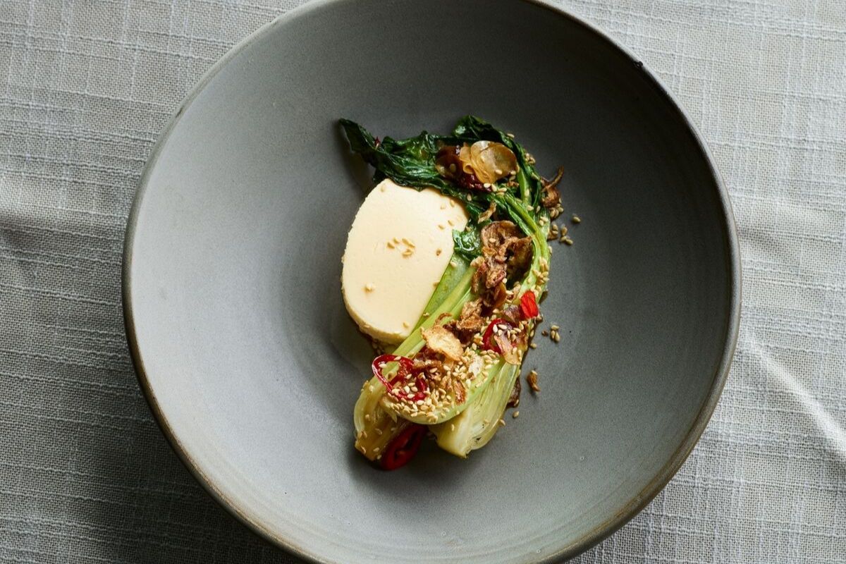 Steamed Egg Custard with Sesame Garlic Bok Choy. Photographed by Kristofer Paulsen. Image supplied.
