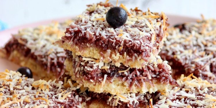 Blueberry and Coconut Slice. Photographed by Maddie Bingham. Image supplied