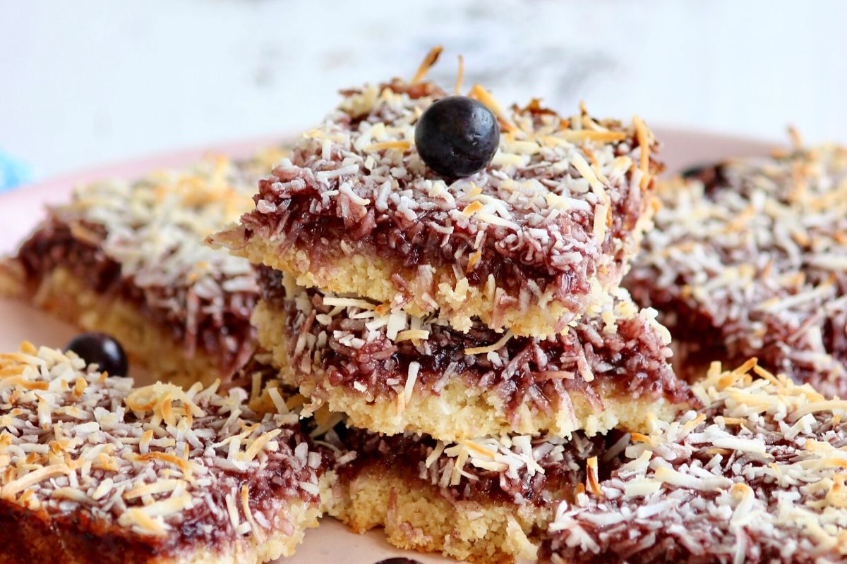 Blueberry and Coconut Slice. Photographed by Maddie Bingham. Image supplied