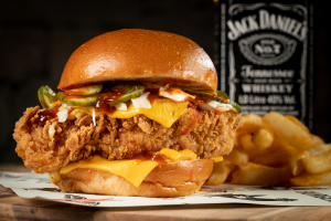 WingHAÜS Allstar Flavour Series Jack Daniel's JD’s Chookhaüs burger. Photographed by Michael Gribbin. Image supplied