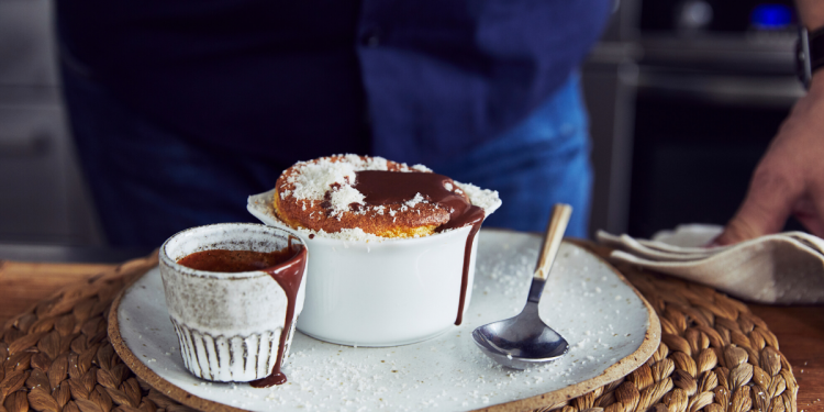 Manu Feildel's Lamington Soufflé. Australian Eggs. Image supplied
