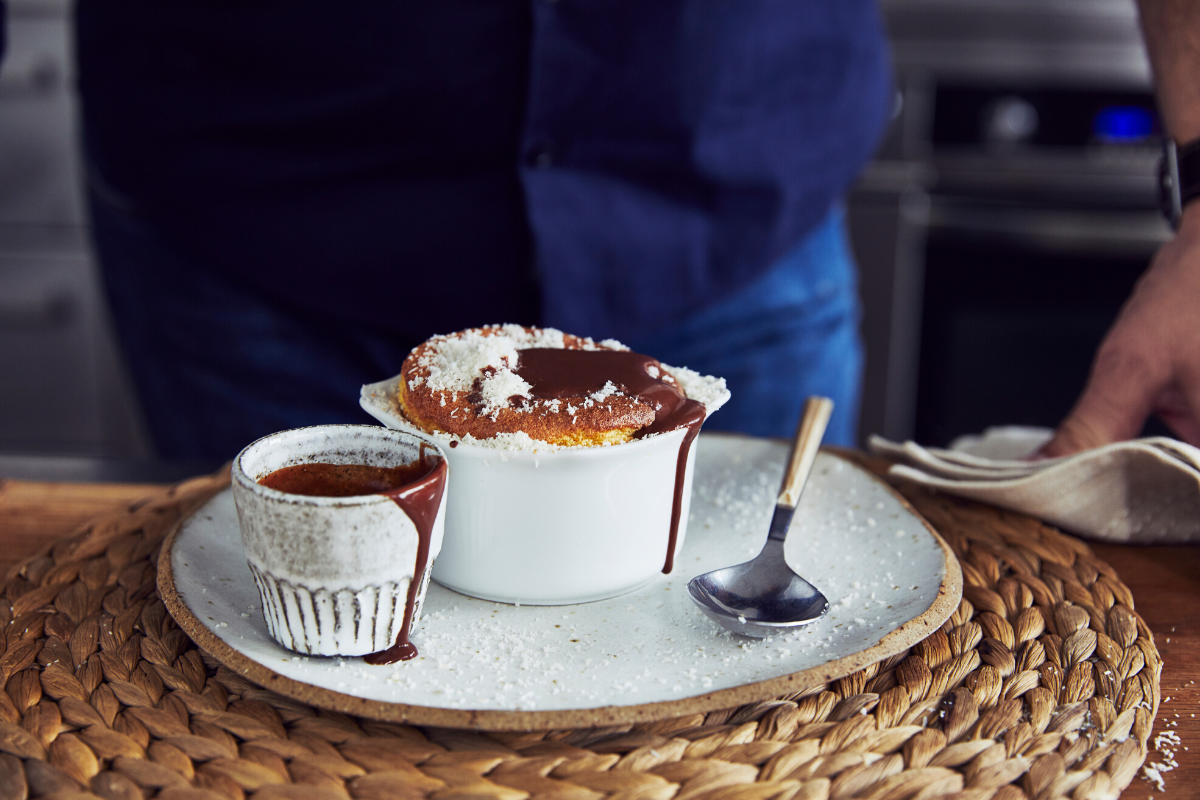 Manu Feildel's Lamington Soufflé. Australian Eggs. Image supplied