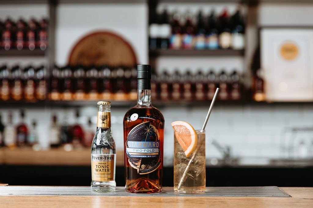 Starward Whisky Two-Fold Whisky, Fever Tree Tonic. The Two-Fold & Tonic cocktail for summer. Photographed by Kate Shanasy. Image supplied. 