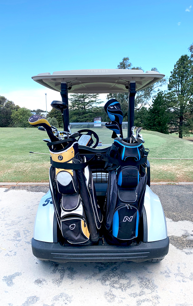 Cobram Golf Club, The Murray. Golf clubs and cart. Image via Rebecca Cherote for Hunter and Bligh