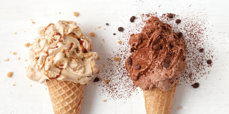 Gelatissimo vegan gelato. Caramel Mudcake and Triple Chocolate. Image supplied