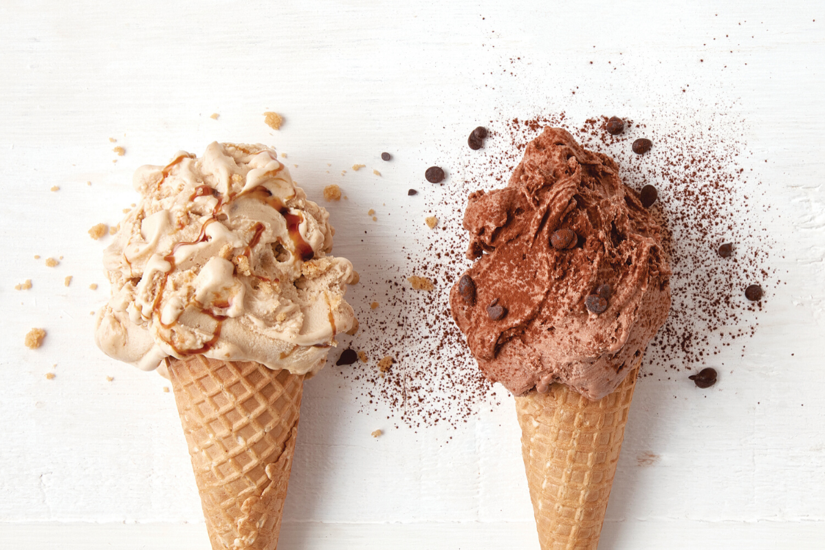 Gelatissimo vegan gelato. Caramel Mudcake and Triple Chocolate. Image supplied