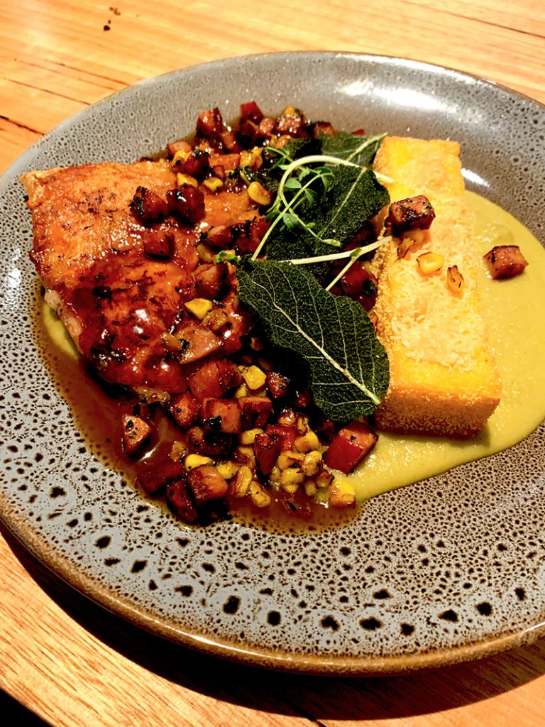 Selle Bistro, Albury. Chicken, sweetcorn, chorizo and sage ($36). Image via Rebecca Cherote for Hunter and Bligh