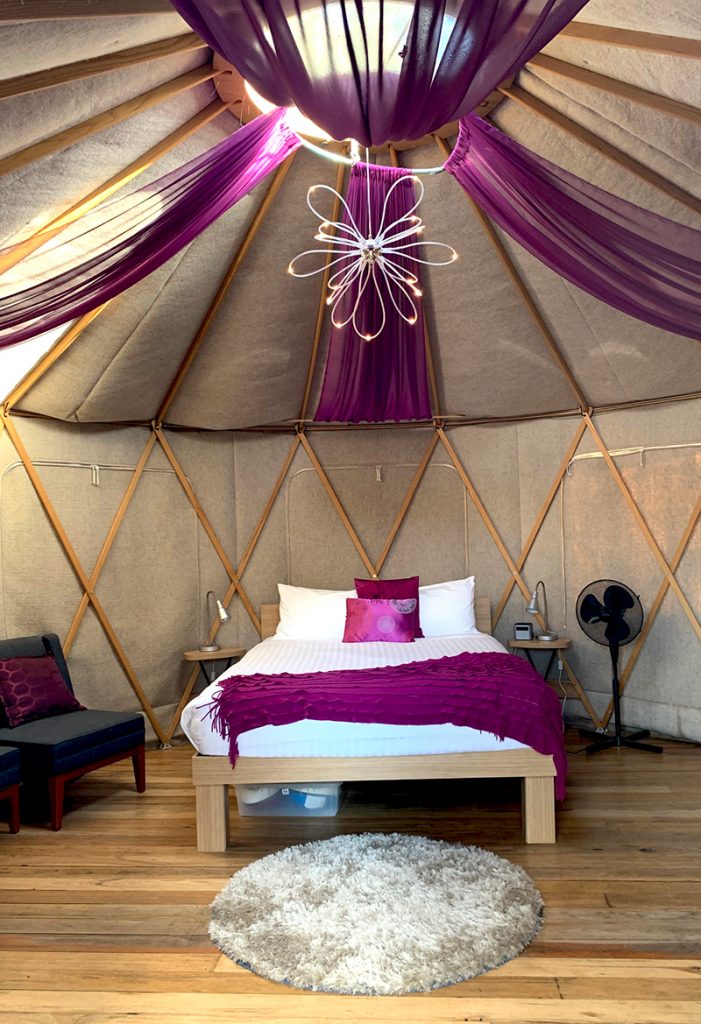 Yurt interior - Talo Retreat. Moama on The Murray Resort. Image via Rebecca Cherote for Hunter and Bligh