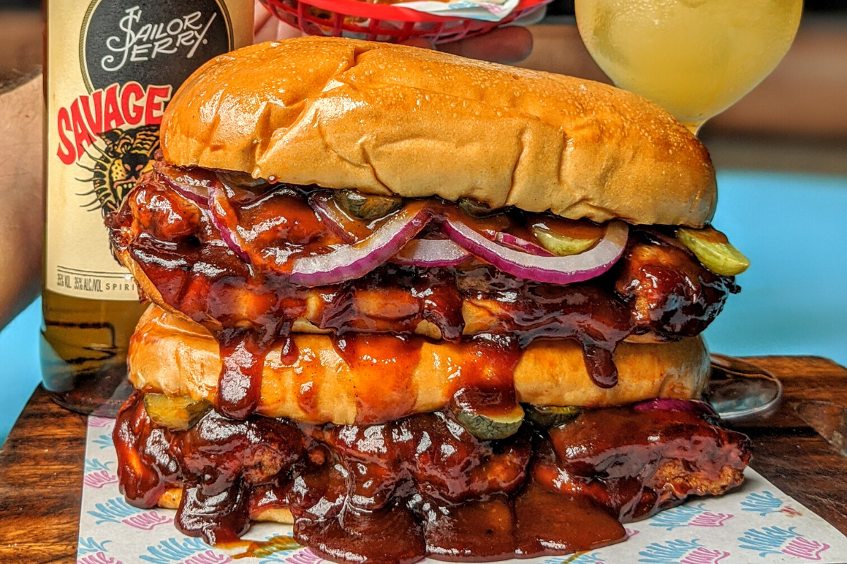 Milky Lane x Sailor Jerry Savage Apple. Sailor Jerry Savage Apple BBQ Rib Burger. Image supplied