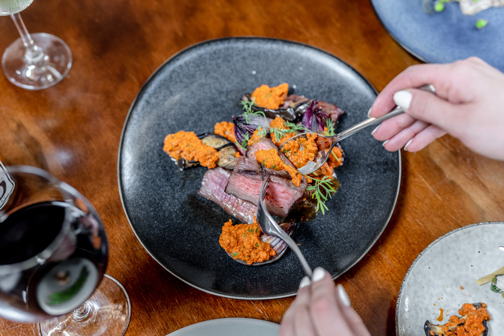 No.5 Restaurant's Black Angus Flank ​with eggplant ​& chimichurri. Image: Supplied