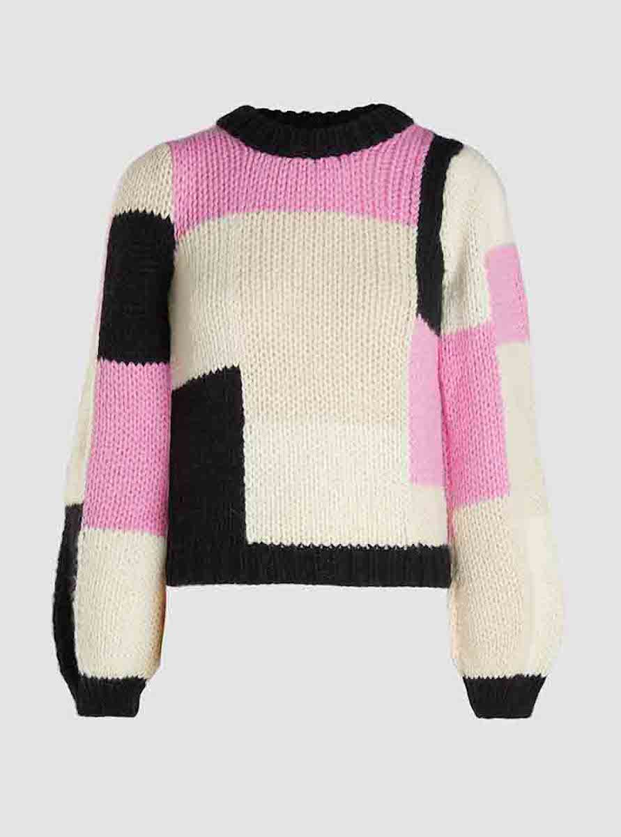Ganni multicoloured colour-Bbock merino wool and alpaca blend sweater. Image via The Luxury Closet.