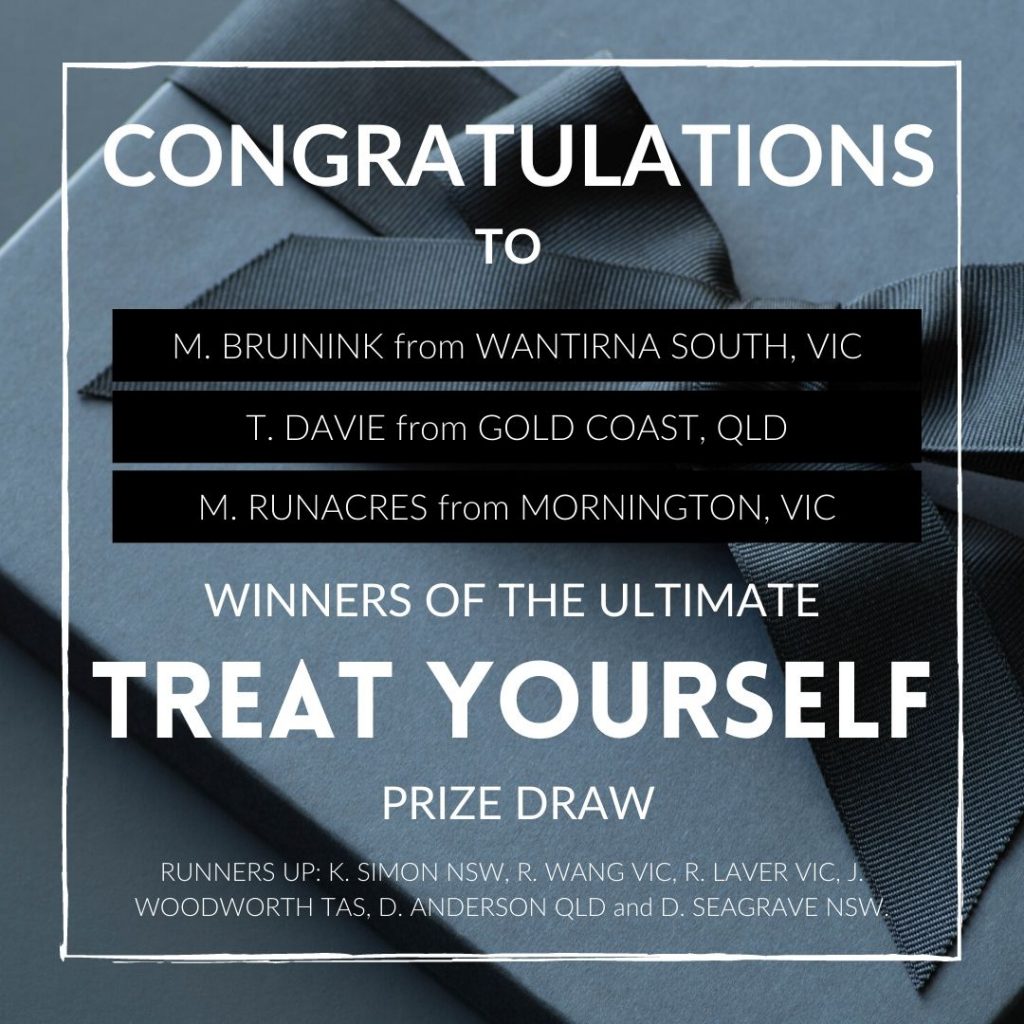 Ultimate Treat Yourself Prize Draw. $4500 giveaway. M.Bruinink Wantirna South VIC, T.Davie Gold Coast QLD and M.Runacres Mornington VIC.