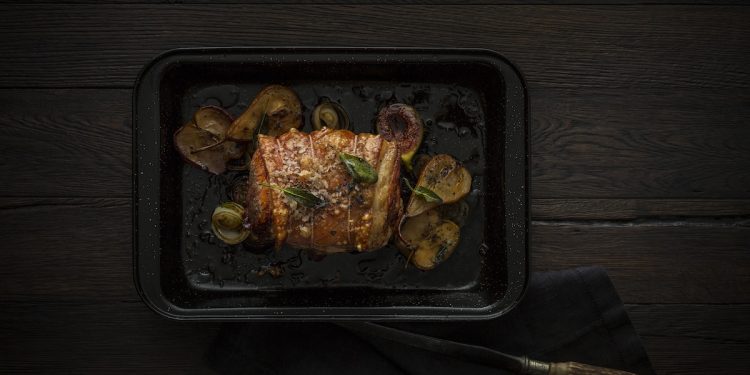 Otway Pork's Roast Pork with Glazed Pear, Apple and Fig Recipe. Image supplied