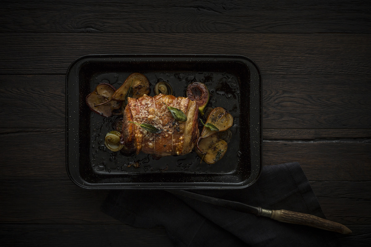 Otway Pork's Roast Pork with Glazed Pear, Apple and Fig Recipe. Image supplied