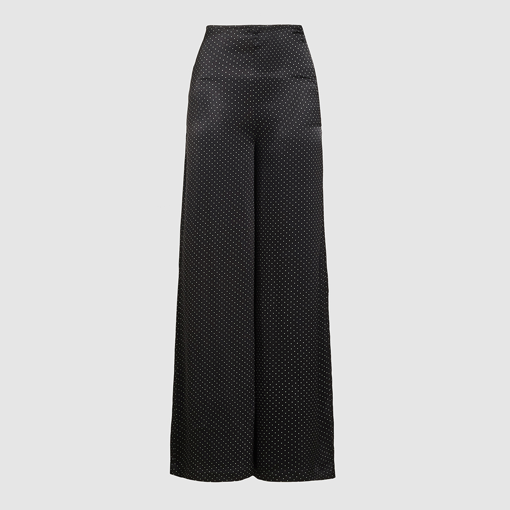 Ganni black polka dot wide leg trousers. Image via The Luxury Closet.