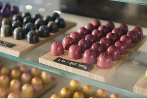 Artisan chocolate products on display at Cocoa Nib, Pokolbin in the Hunter Valley.