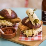 German Pretzel Burger by The Fine Food Store. Photographed by Anna Kucera. Image supplied