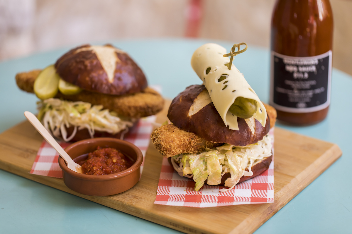 German Pretzel Burger by The Fine Food Store. Photographed by Anna Kucera. Image supplied