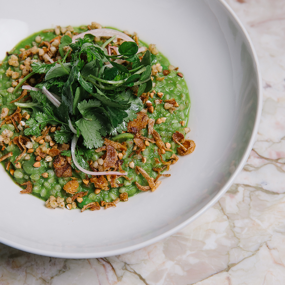 BUCKWEAT RISOTTO / peas / watercress / herb salad. Lunch menu Lobby Bar. Image supplied