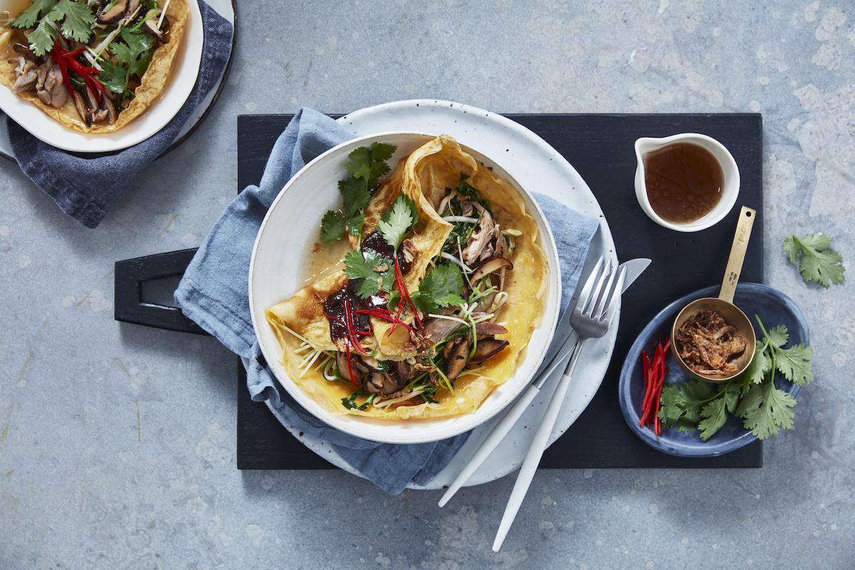 Manu Feildel's Peking Duck Omelette Recipe. Image supplied