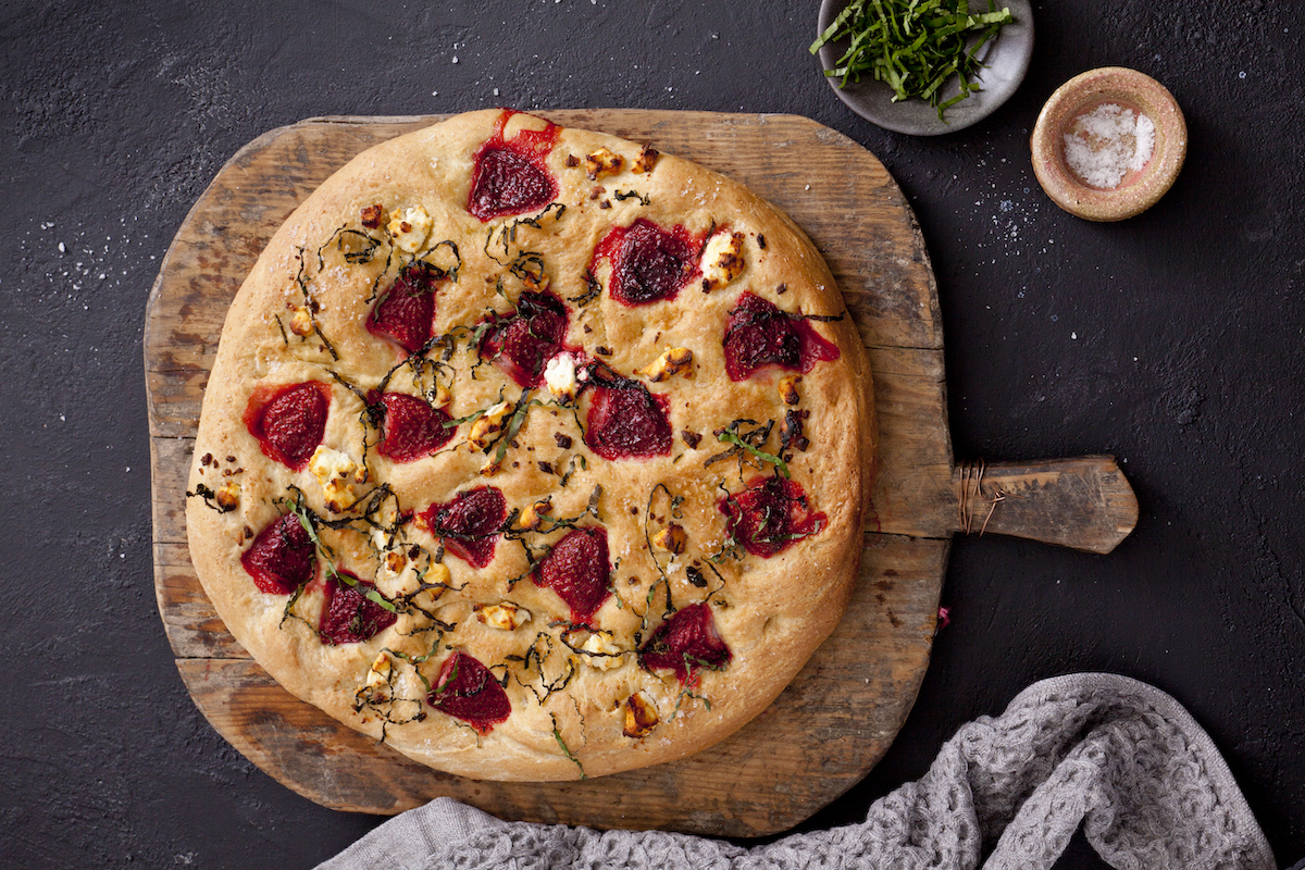 Queensland Strawberries Strawberry, Basil and Goats Cheese Foccacia Recipe. Image supplied