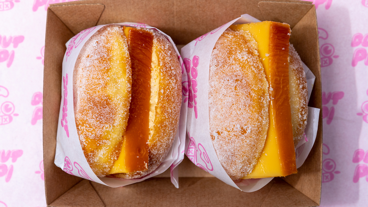 Donut Papi Sydney Night Noodle Markets at Home. Leche Flan Donut Burger. Image supplied