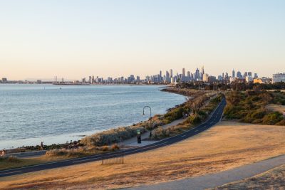Point Ormond City Skyline Cycling Path Elwood. Photographed by Nils Versemann. Image via Shutterstock.