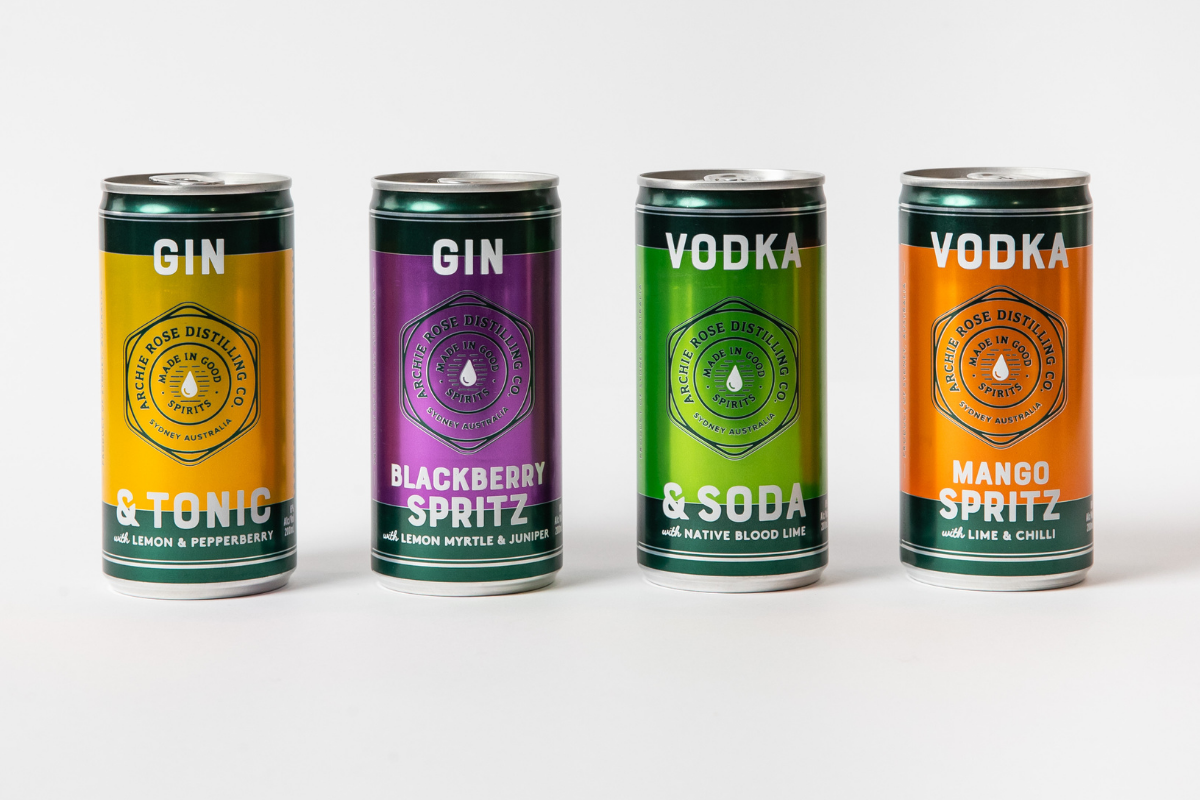 Archie Rose Distilling Co. Four New Canned Cocktails. Image supplied.