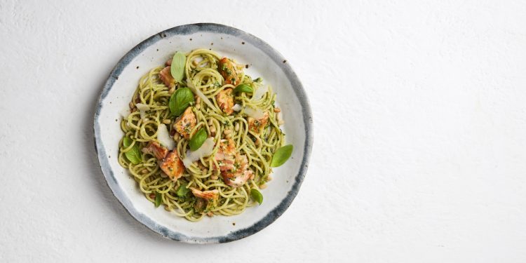 Sam Wood and Tassal Salmon Pesto Spaghetti Recipe. Image supplied