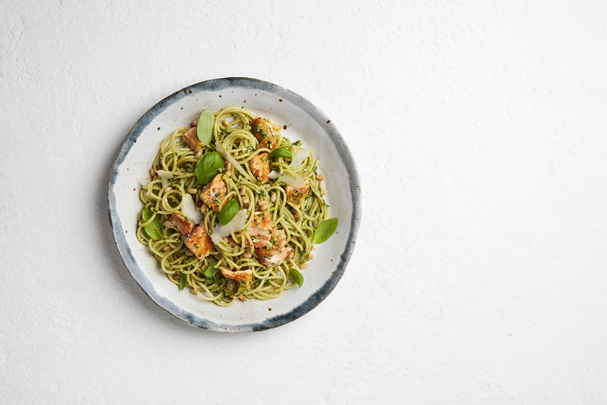 Sam Wood and Tassal Salmon Pesto Spaghetti Recipe. Image supplied