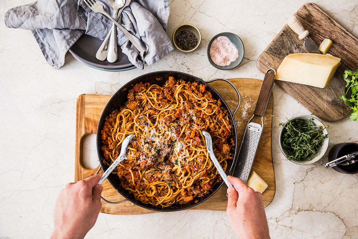 v2food Spaghetti bolognese. Image supplied