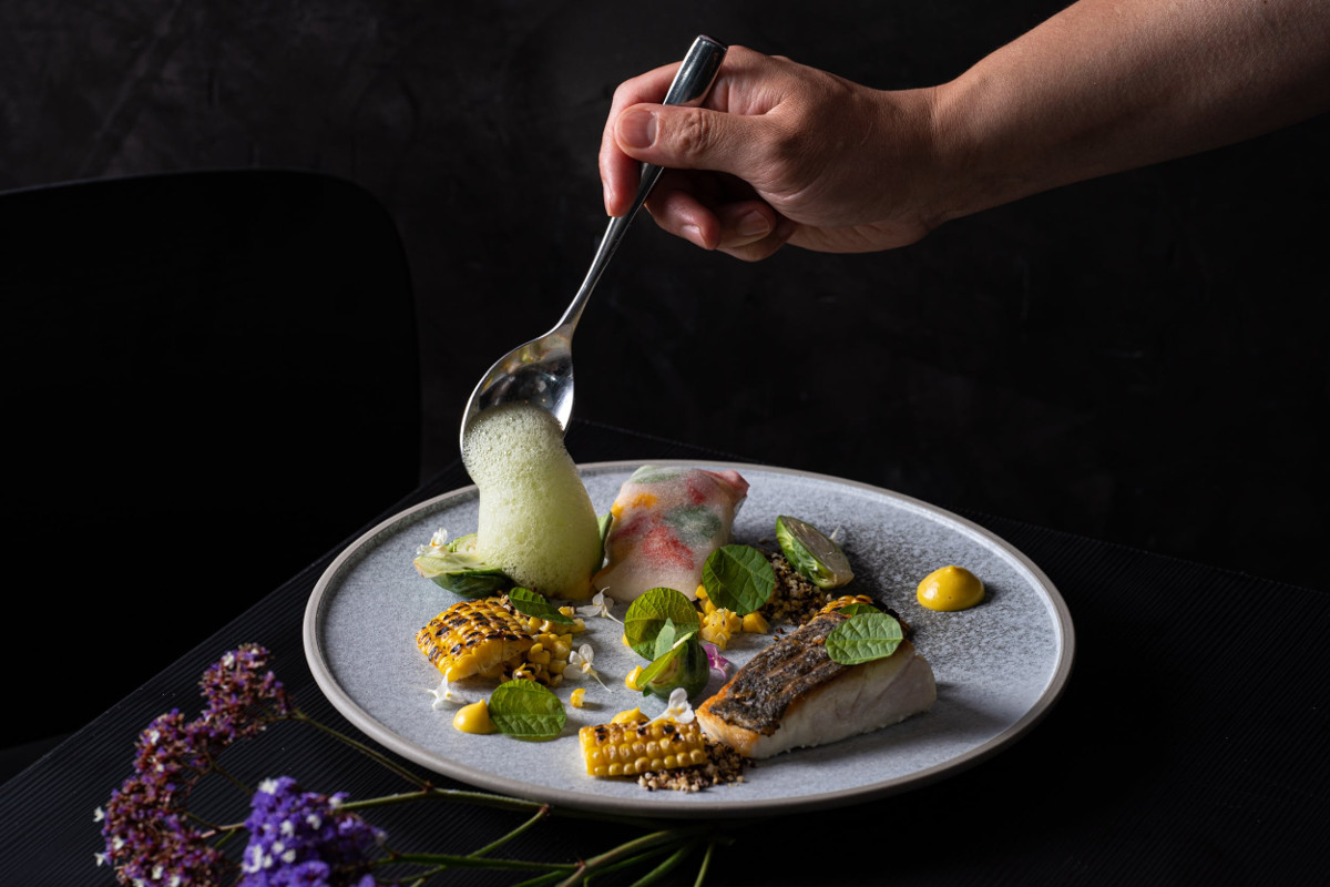 Jung Sung Korean – Red Snapper with gochujang crustaceans sauce, perilla foam, sweet corn textures. Image: Supplied