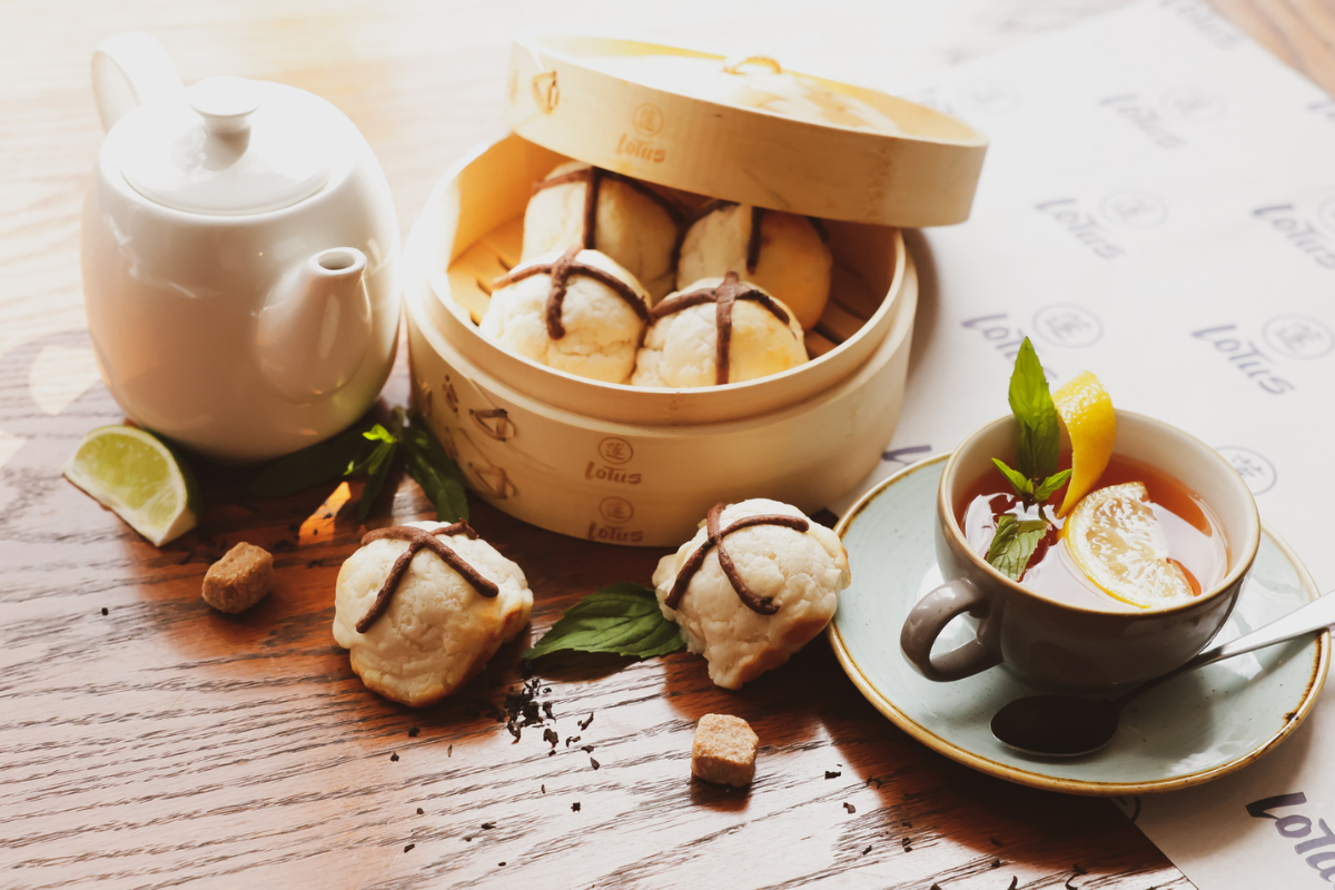 A Savoury Hot Cross Bun for Easter 2021 Yes Please! Lotus Dining Group Sydney. Hot Cross BBQ Pork Buns. Image supplied.