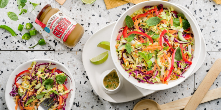 Mayver's Crunchy Shredded Cabbage Salad with Peanut Butter Dressing Recipe. Image supplied.