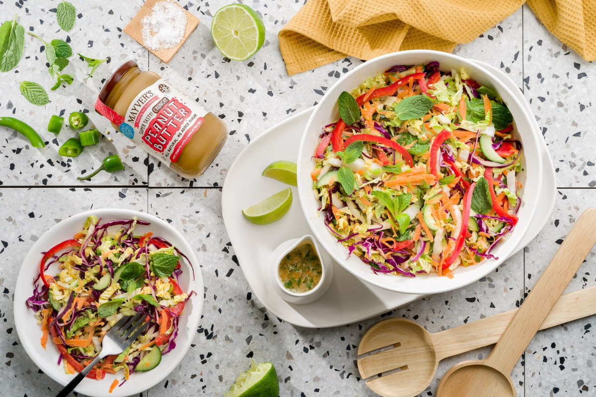 Mayver's Crunchy Shredded Cabbage Salad with Peanut Butter Dressing Recipe. Image supplied.