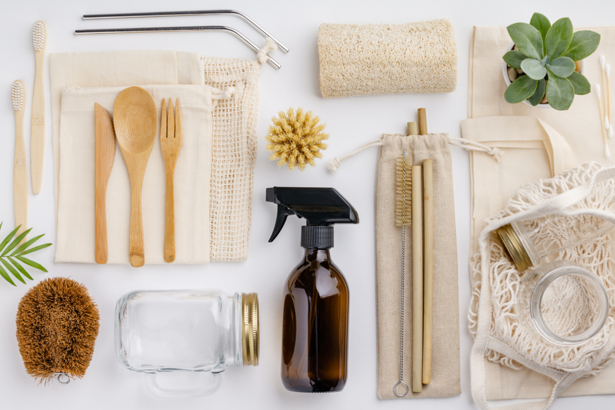 Zero waste recycling sustainable lifestyle concept flat lay. Photographed by Natalia Klenova. Image sourced via Shutterstock.