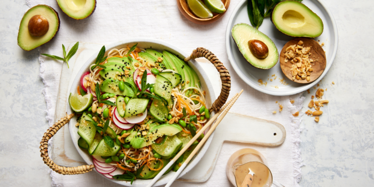 Avocado, Cucumber, Edamame & Soba Noodle Salad with Zesty Peanut Dressing. Australian Avocados. Image supplied.