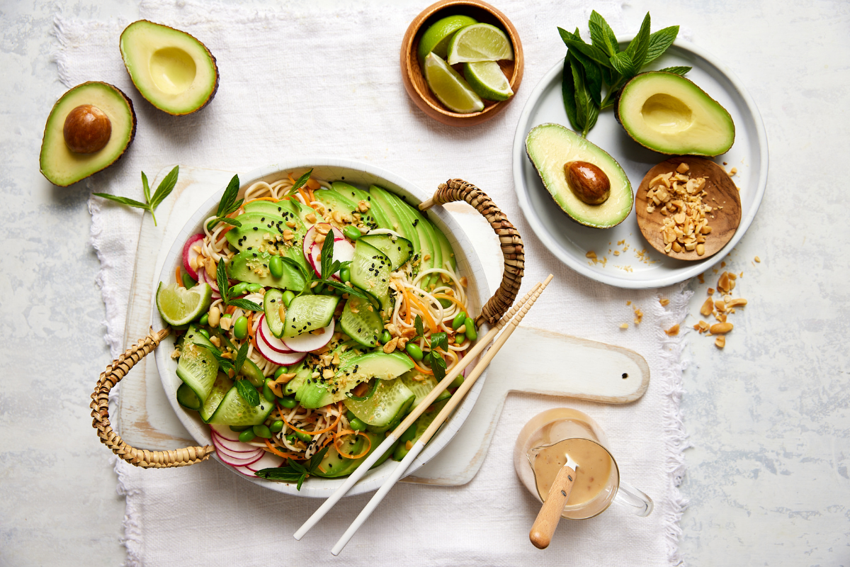 Avocado, Cucumber, Edamame & Soba Noodle Salad with Zesty Peanut Dressing. Australian Avocados. Image supplied.