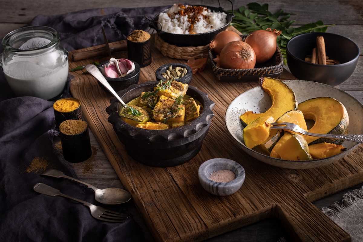 Peter Kuruvita Vegan One-Pot Sri Lankan Pumpkin, Coconut and Mustard Curry Recipe. Image supplied.