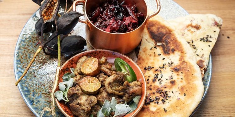 Australian Native Hariyali Chicken with Wattleseed Naan and Quandong Chutney Recipe. Image supplied.