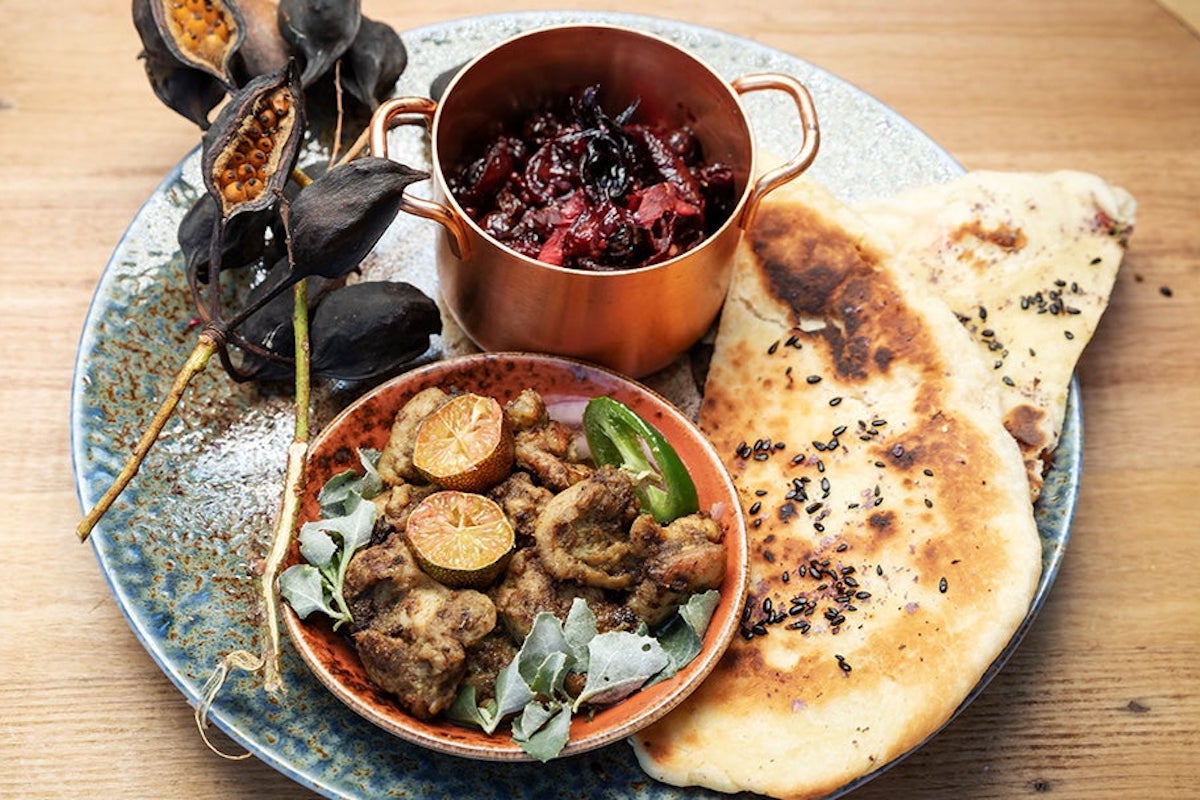 Australian Native Hariyali Chicken with Wattleseed Naan and Quandong Chutney Recipe. Image supplied.