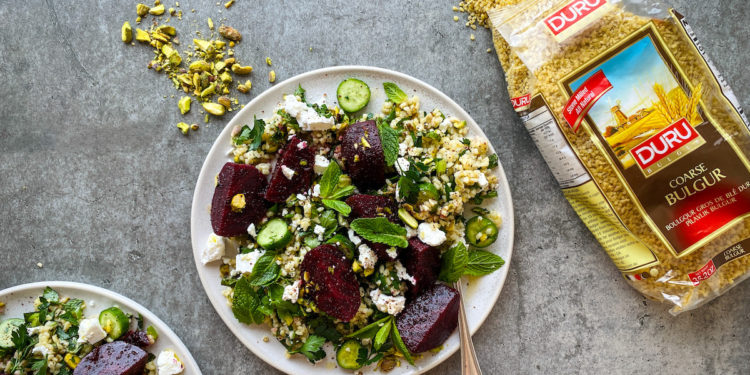 Spring Bulgur, Pistachio, Feta and Beetroot Salad Recipe. Image supplied.